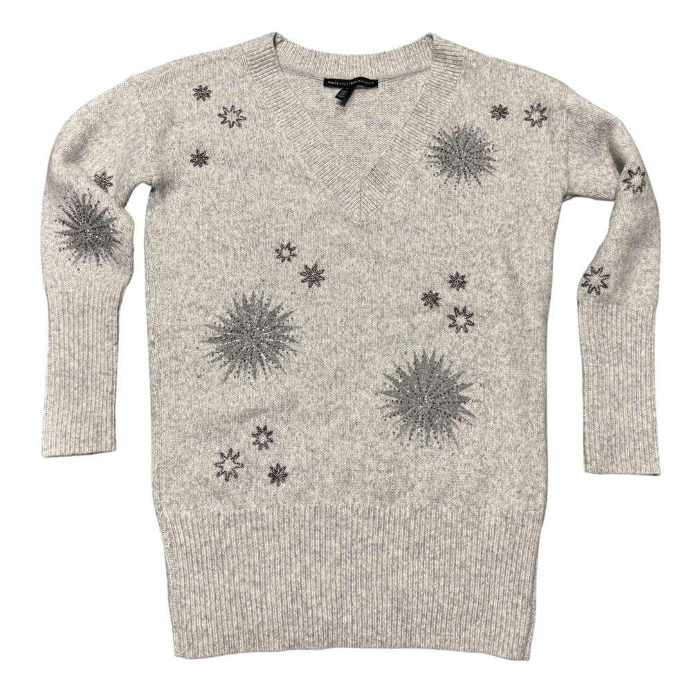 WHBM Snowflake Embellished V-Neck Tunic Sweater Light Gray Size Small Wool Blend - Picture 10 of 10